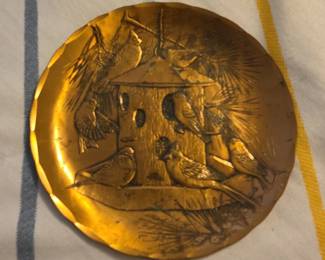 Embossed Bronze Plate with Birds and Birdhouse Scene by Wendell August Forge