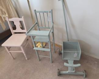 Vintage Wooden Doll High Chair and Stroller Set