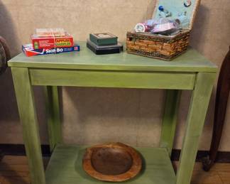 Vintage Green Side Table with Board Games and Sewing Basket