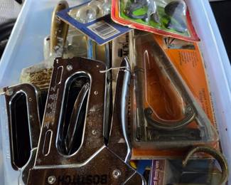 Assorted Hardware and Tools Lot with Stanley Bostitch Staple Gun