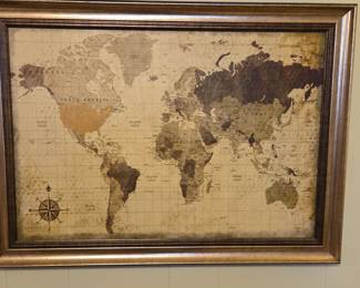 Vintage World Map Print with Compass Rose and Metallic Frame