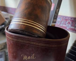 Vintage Faux Leather Mail Sorter and Holder Set with Greek Key Detail