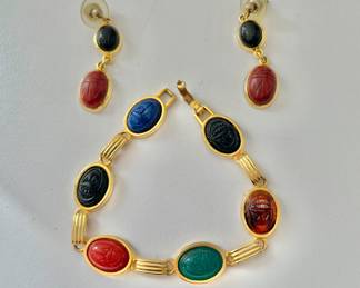Vintage Scarab Gold Tone Bracelet and Earrings Set 