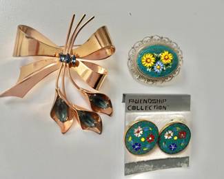 Corocraft Sterling Silver Pin, Mosaic pin , Cloisonné Earrings 