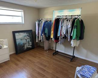 Pictures, artwork, sewing machine, and tables, shower, curtains,