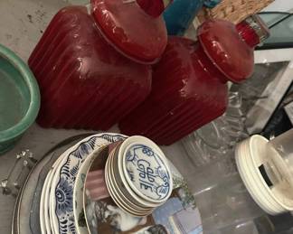 China, plates, vintage kitty plates, plastic organizers, tea, glasses, jars, and take everything