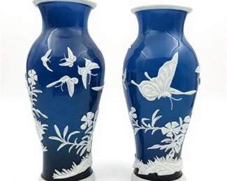 Lot 021-S   
Peking Cameo Glass Vases, Early 20th C, White on Blue, Pair
