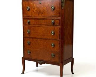 Lot 036   
Robert Irwin Burled, Banded, and Inlaid Chest of Drawers