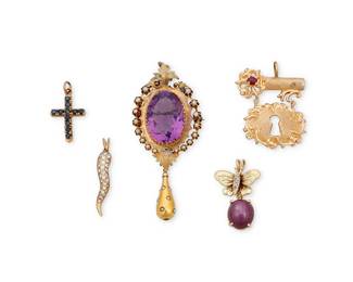 1105
A Group of Gold and Gem-Set Jewelry
Including a gold, amethyst and seed pearl brooch, a lock and key pendant accented by a garnet, a butterfly pendant featuring an oval star ruby cabochon, a sapphire and gold cross pendant and a gold and diamond Italian horn pendant
4 pieces

Measures: 1 - 3 in.
35.4 grams
Estimate: $1,200 - $1,800