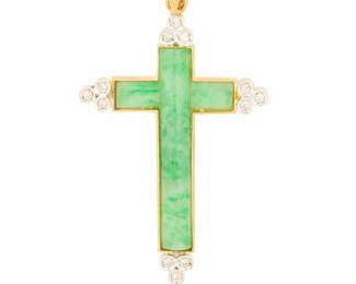 1040
A 14K Gold, Jade and Diamond Pendant Cross
Featuring long domed jade elements, accented by twelve round diamonds

Measures: 1 3.4 x 1 in.
3.4 grams
Estimate: $300 - $500
