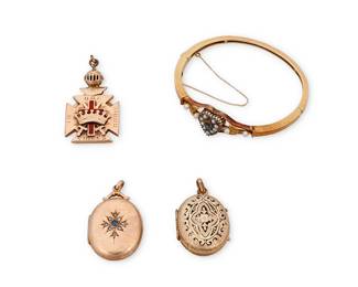 1101
A Group of Gold Jewelry
Including a 14k gold and seed pearl bangle bracelet, one 10k gold locket, one 10k gold and enamel fob, and a 9k gold, sapphire and seed pearl locket
4 pieces

Bracelet: 7 in., pendants: 1 1/2 - 1 3/4 in.
43.3 grams
Estimate: $1,000 - $1,500
