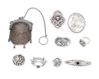 1172
A Group of Sterling Silver Art Nouveau Jewelry
Comprising nine brooches in various figural, portrait, and floral motifs, including an Art Deco-style pin with enamel and set diamanté stones, together with a portrait profile ring and a diminutive silver chain reticule bag with ring chain, six marked for sterling
9 pieces

Largest: 2 1/4 in.; smallest: 3/4 in.; bag: 3 in. x 2 in.; ring size: 6
80.5 grams gross
Estimate: $300 - $500