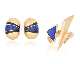 1108
A Group of 14K Gold, Lapis Lazuli and Onyx Jewelry
Including a ring of a lighten bolt design accented by a triangular element of lapis lazuli together with a pair of earrings featuring lapis lazuli and onyx designs
3 pieces

Ring: 8 1/2, Earrings: 3/4 x 1/2 in.
20.0 grams gross
Estimate: $800 - $1,200