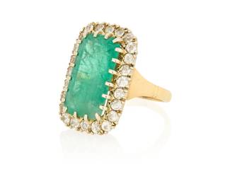 1121
A 14K Bi-Color Gold, Emerald and Diamond Ring
Centering a cut-cornered rectangular step-cut emerald measuring approximately 17.52 x 9.82 mm, encircled by round diamonds weighing approximately 1.68 carats

Size: 6 1/4
8.5 grams gross
Estimate: $1,500 - $2,000