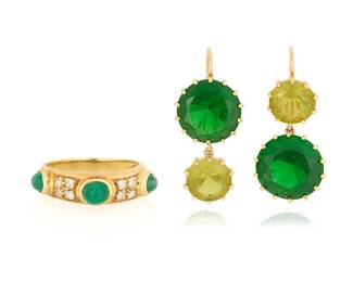 1068
A Group 18K Gold and Gem-Set Jewelry
Including a ring accented by three oval emerald cabochons accented by round diamonds, together with a pair of gold and green glass earrings, marked Italy
3 pieces

Ring: 5, Earrings: 1 3/8 x 5/8 in.
13.7 grams gross
Estimate: $1,000 - $2,000