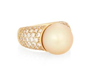 1013
An 18K Gold, Colored Cultured Pearl and Diamond Ring
Centering a large golden cultured pearl measuring approximately 12.30 mm, set with round diamonds weighing approximately 1.50 carats

Size: 4 1/4
14.7 grams gross
Estimate: $1,000 - $2,000