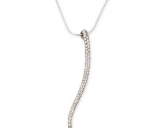 1078
A White Gold and Diamond Pendant Necklace
Featuring a long 18k white gold pendant of an organic design set with round diamonds weighing approximately 2.00 carats, suspended from a 14k white gold chain

Chain: 18 in., Pendant: 3 in.
11.5 grams gross
Estimate: $1,800 - $2,500