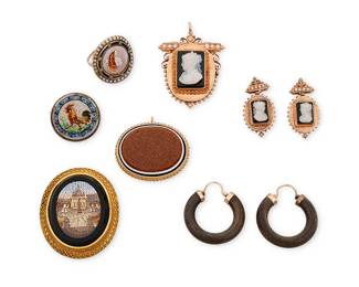 1102
A Group of Victorian Gold and Silver Jewelry
Including two 18k gold and silver micro mosaic brooches, a 10k gold and shell cameo ring, a 10k gold and goldstone brooch, a pair of 14k gold and wood earrings, a 14k gold and sardonyx cameo brooch and earring set
9 pieces

73.7 grams gross
Estimate: $1,000 - $1,500