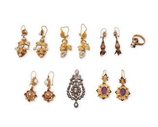 1096
A Group of Gold, Silver and Gem-Set Jewelry
Including A silver and rose-cut diamond pendant, a 14k gold and seed pearl ring, one pair of 10k gold earrings and four pairs of 14k gold, seed pearl and amethyst earrings
12 pieces

Ring: 5, Pendant: 2 x 1 in., Earring: 1 1/2 x 2 in.
46.5 grams gross
Estimate: $1,500 - $2,000