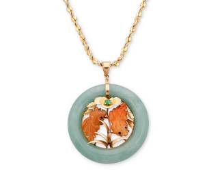 1042
A 14K Gold, Gold-Plate and Jade Necklace
Featuring a carved red jade of a fish motif set in a green jade pendant accented by 14k gold, suspended from a gold-plated chain

Pendant: 1 7/8 x 1 1/2 in.
22.3 grams gross
Estimate: $400 - $600
