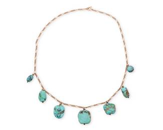 1030
A 10K Gold and Turquoise Necklace
Featuring seven turquoise nugget pendants suspended from a 10k gold fancy link chain

Length: 17 in.
18.6 grams gross
Estimate: $800 - $1,200
