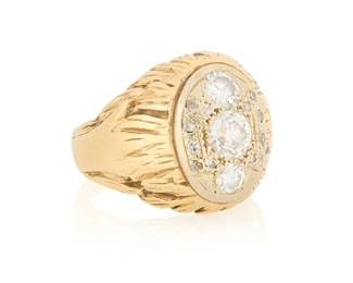 1070
A 14K Gold and Diamond Ring
Centering a round diamond weighing approximately 0.75 carat, accented by round and step-cut diamonds weighing approximately 0.74 carat, all set in a textured organic design

Size: 10
19.2 grams gross
Estimate: $1,500 - $2,000