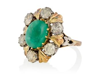 1062
A Gold, Emerald and Diamond Ring
Centering an oval emerald cabochon weighing approximately 5.35 carats, encircled by six round diamonds weighing approximately 3.00 carats, accented by gold florets

Size: 7 1/2
10.1 grams gross
Estimate: $2,000 - $3,000