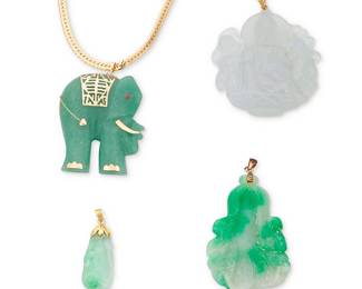 1031
A Group of Gold and Jade Jewelry
Including a 14k gold necklace suspending a carved jade elephant, together with three carved jade pendants
3 pieces

Chain: 20 in., Pendants: 1 1/2 - 2 in.
102.9 grams gross
Estimate: $500 - $700