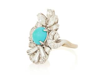 1029
A 10K White Gold, Turquoise and Diamond Ring
Centering a sugarloaf turquoise cabochon accented by round, pear-shaped, marquise-shaped and baguette diamonds weighing approximately 1.25 carats

Size: 6 1/4
5.6 grams gross
Estimate: $1,200 - $1,800
