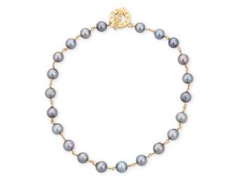 1048
An 18K Gold and Colored Cultured Pearl Necklace
Of a single strand design featuring grey cultured pearls measuring approximately 8.98 - 9.45 mm, finished with an 18k gold arrow toggle clasp

Length: 16 in.
39.1 grams gross
Estimate: $1,000 - $2,000