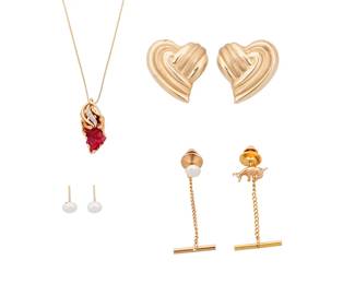 1109
A Group of 14K Gold Jewelry
Including a pair of heart-shaped earrings, a pair of earrings finished with freshwater pearl, two gold pins and a organic designed necklace featuring synthetic ruby and rose-cut diamonds
7 pieces

Necklace: 23 in., Earrings: 1 5/8 in, 1/4 in., Pins: 1/4 - 1/2 in.
25.3 grams gross
Estimate: $800 - $1,200