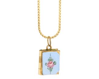 1064
A 14K Gold Chain and Gold-Plated Pendant Necklace
Featuring a UnoAerra 14k gold chain suspending a gold-plated book locket pendant with a enamel floral design

Chain: 18 in., Pendant: 3/4 x 1/2 in.
5.8 grams gross
Estimate: $200 - $400