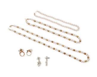 1095
A Group of 14K Gold and Cultured Pearl Jewelry
Including two rings, two necklaces and a pair of earrings
6 pieces

Necklaces: 16 1/2 and 28 in., Rings: 4 3/4, Earrings: 1 1/2 in.
125.1 grams gross
Estimate: $500 - $700