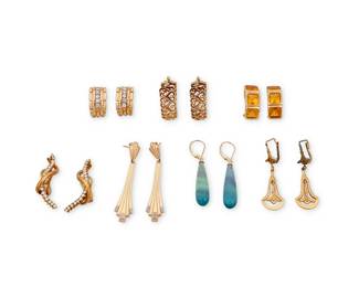 1098
A Group of Gold and Gem-Set Earrings
Including seven pairs of 14k gold earrings, accented by round diamonds, faceted square-cut citrine and fluorite drops
14 pieces

Measures: 3/4 - 2 in.
50.6 grams
Estimate: $600 - $800