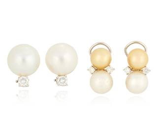 1028
Two Pairs of 18K White Gold and Cultured Pearl Earrings
Including a pair featuring single large, cultured pearls measuring approximately 13.00 mm, together with a pair featuring a golden and white cultured pearl measuring approximately 7.00-8.0 mm
4 pieces

Measures: 5/8 and 3/4 in.
18.8 grams gross
Estimate: $700 - $1,000