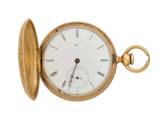 1145
An 18K Gold Pocket Watch
Dial: round with Roman Numerals
Movement: Lady Elgin160574
Case number:  S&JM 8160

Inner circumference: 18s
72.8 grams gross
Estimate: $2,000 - $3,000