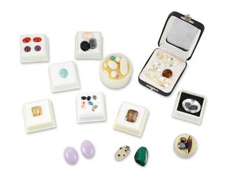 1085
A Group of Loose Gemstones
Including various faceted and cabochon-cuts of lavender jade, quartz, citrine, malachite, smokey quartz, turquoise, coral ruby and Montana agate
Estimate: $300 - $500