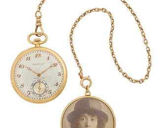 1143
Tiffany & Co.: Gold Pocket Watch together with a Gold Chain and Locket
Including an 18k gold Tiffany & Co. pocket watch made by Touchon & Co., Switzerland, no.327054, 19 jewels, together with s 14k gold watch chain and 14k gold double sided locket featuring two portraits of a woman

Watch: 18s, Chain: 12 1/2 in., Locket: 1 3/4 in.
82.3 grams gross
Estimate: $1,000 - $1,500