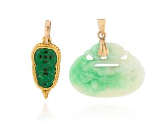1032
Two Gold, Gilt Silver and Jade Pendants
Including a 20k gold and carved green jade pendant together with a gilt silver and carved variegated white and green jade pendant
2 pieces

Measures: 1 1/8 in.
7.5 grams gross

Accompanied by a GIA Report numbered #5231723790, dated October 6, 2025, stating the Jadeite as natural with no dye or impregnation detected - 'A' jade.

Accompanied by a GIA Report numbered #1232723771, dated October 6, 2025, stating the Jadeite as natural with no dye or impregnation detected - 'A' jade.
Estimate: $400 - $600