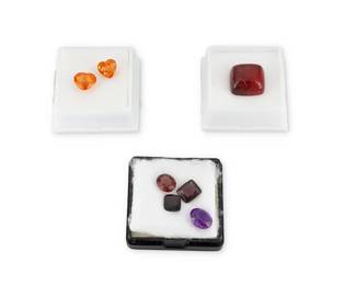1087
A Group of Loose Gemstones
Including a square cabochon rubellite tourmaline measuring approximately 16.48 x 15.60 x 9.23 mm, two heart-shaped mandarin garnets, an oval and two rectangular-cut garnets and an oval amethyst
7 pieces
Estimate: $400 - $600