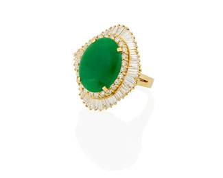 1033

A 18K Gold, Jade and Diamond Ring
Centering an oval jade cabochon measuring approximately 17.89 x 14.15 x 2.75 mm, accented by round and baguette diamonds weighing approximately 2.76 carats

Size: 7
13.8 grams gross

Accompanied by a Mason-Kay Report numbered #251106-1387, dated November 6, 2025, stating the jade as natural jadeite with impregnation detected - 'B' jade.
Estimate: $1,500 - $2,000