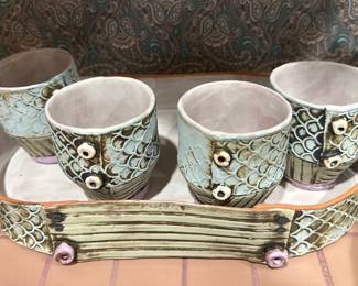 Fish Motif Cups and Tray Set