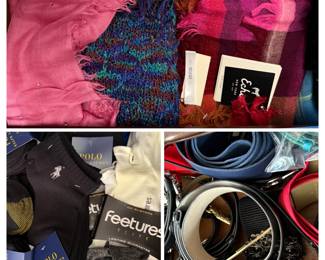 Assorted Scarves, Socks, and Belts including Polo, Ralph Lauren and Echo New York