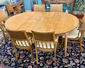 Vintage Dining Table with Two Leaves and Six Cane Back Chairs