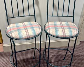 Wrought Iron Bar Stools with Plaid Upholstery