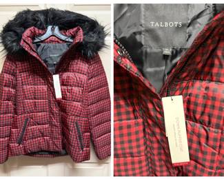 Talbots Womens Red and Black Buffalo Check Down Puffer Coat with Faux Fur Hood New with Tags