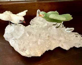 Hand Carved Gemstone Birds on Quartz Cluster