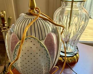 Porcelain "Tulip" Table Lamp and Clear Glass Urn Shaped Table Lamp