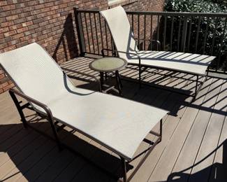 Two Aluminum Sling Chaise Lounges with Side Table