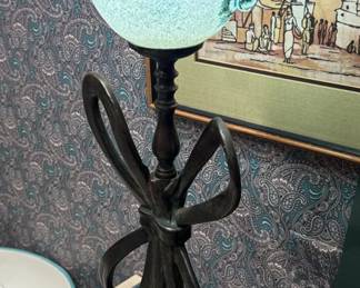 Art Nouveau Style Table Lamp with Frosted Glass Shade and Decorative Bow Motif